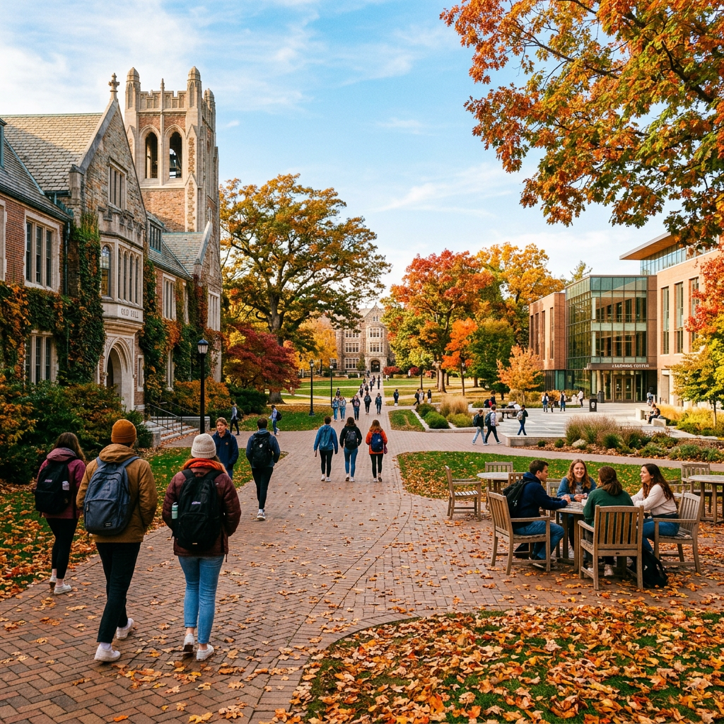 Students walking through an autumn university campus with historic and modern buildings