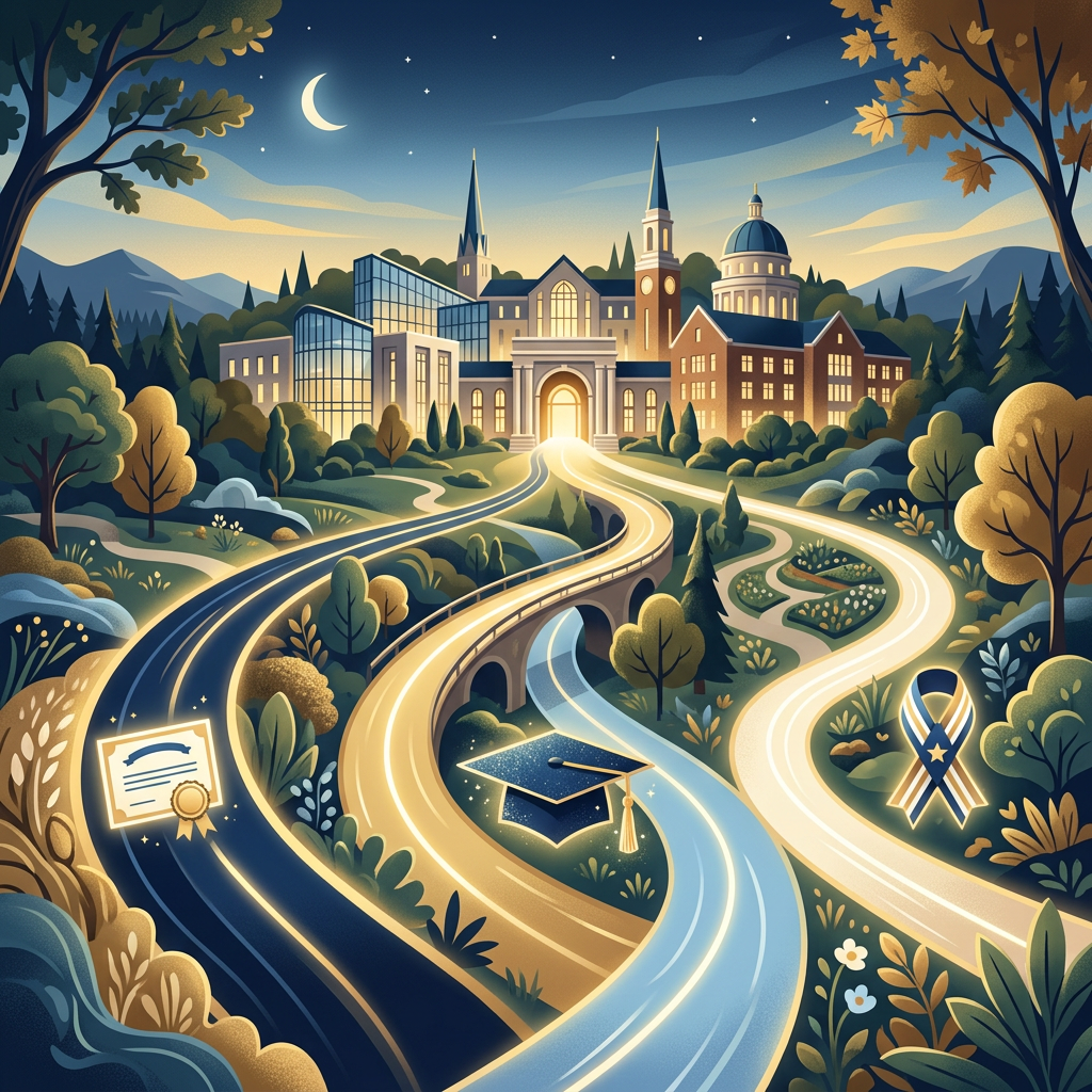 Illustrated university campus with winding paths, diploma, graduation cap, and awareness ribbon